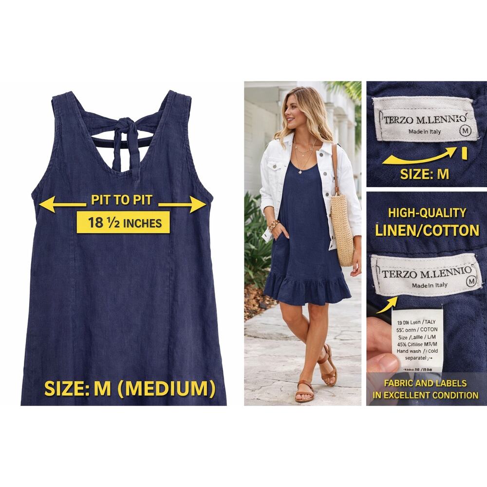 Terzo M. Lennio Navy Linen-Cotton Ruffle Hem Mini Dress - M